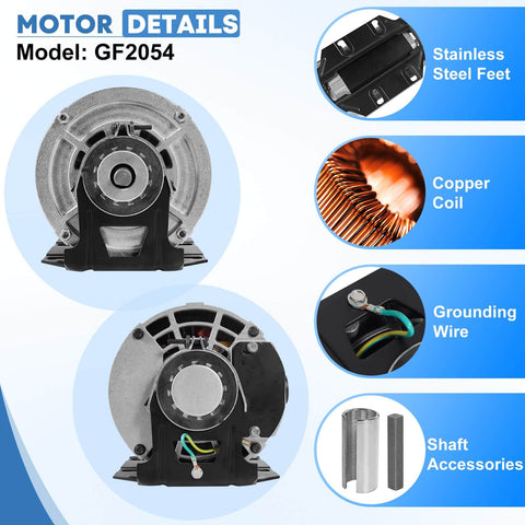 Half HP 115V 1725 RPM 48 Frame Blower Motor Replacement details showing model GF2054 and components like copper coil.