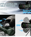 All In One 80mm Portable Refractor Telescope With Auto Focus And 4K Astrophotography Camera For Adults And Beginners Dual Screen Spotter Internal External Viewfinder Beginner Friendly To Pro High Clarity Optics Long Range 350X Magnification on tripod, showing 360° pan and 90° tilt