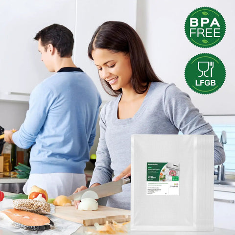 Precut Vacuum Sealer Bags 8x12 Inches Pro Grade BPA Free Textured Embossed Thick for Storage and Sous Vide Cooking displayed in a kitchen