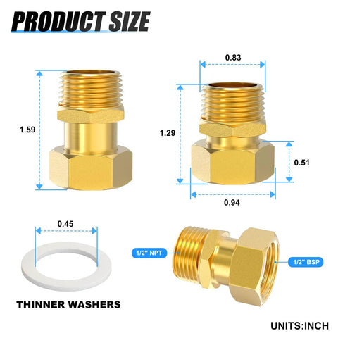 Brass Water Meter Coupling Kit 5 Pack 1/2 Inch Male NPT To 1/2 Inch Female BSP Adapters With Seal Washer size dimensions
