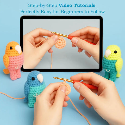 Beginner Crochet Kit For Amigurumi Birds Make 3 Mini Budgie Buds With Easy Peasy Step-By-Step Video Tutorial demonstration