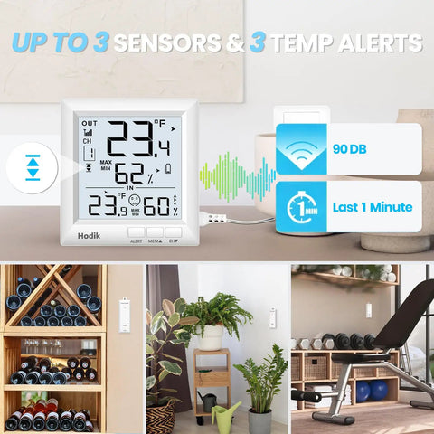 All In One Indoor Outdoor Weather Station Thermometer With Wireless Sensor on table, large LCD display showing temperature and humidity