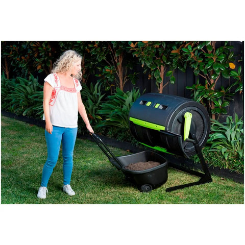 Two Stage Compost Tumbler with UV Protected Zinc Frame Easy Turning Cart Included Dual Chamber for nonstop composting outdoors