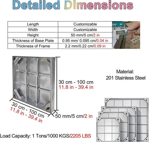 Diagram of recessed drain inspection chamber cover with frame, 65x65cm, aluminum, for lawns, tile, and wood floors, detailed dimensions.