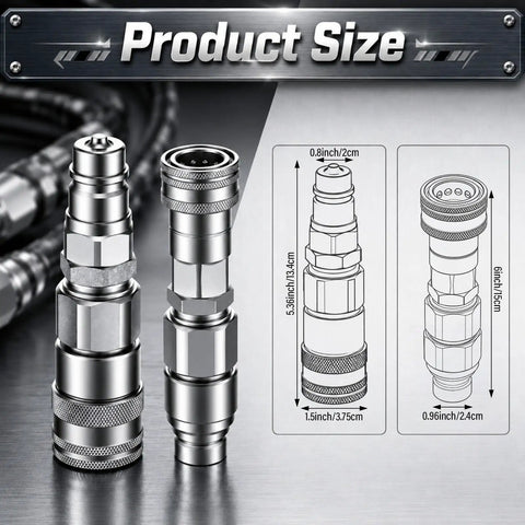 Bad Boy Hydraulic Quick Coupler Adapter Set 1 Over 2 Inch Flat Face ISO 16028 To ISO 5675 Pioneers Style Male Female Hydraulic Fittings With Dust Caps, steel couplers shown with size diagram