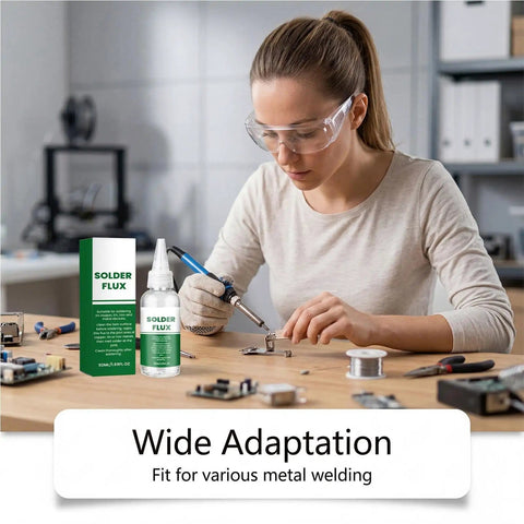 Liquid Flux Soldering Paste 50ml For Electronics DIY and PCB Assembly, Pro Grade Solder Flux displayed on a workbench