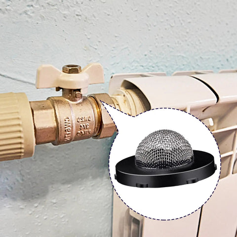 Heavy Duty 8 Pack Hose Water Filter Washers With Mesh Screen Inserts For Garden Hoses and Washing Machines shown on valve.