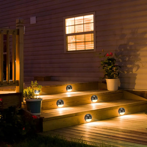 Wooden deck steps illuminated by 18 Pack Low Voltage LED Path Lights Outdoor Waterproof Garden Yard Patio Lighting 2.5W Warm White 2700K 12-36V