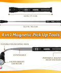 Extendable Magnetic Pickup Tool Set 2 Pack With LED Lights 360 Degree Swivel Aluminum Body Magnetic Head Pretty Handy Mechanic Gadget For Dropped Fasteners Nails And Small Parts Great Gift For Him showing tool dimensions and features.