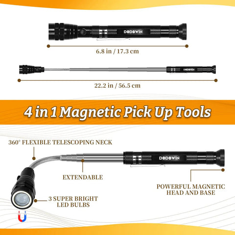 Extendable Magnetic Pickup Tool Set 2 Pack With LED Lights 360 Degree Swivel Aluminum Body Magnetic Head Pretty Handy Mechanic Gadget For Dropped Fasteners Nails And Small Parts Great Gift For Him showing tool dimensions and features.