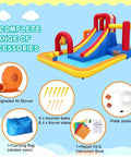 Inflatable Water Slide 10 In 1 Backyard Water Park With Bounce House and Splash Pool, including accessories like blower and stakes.