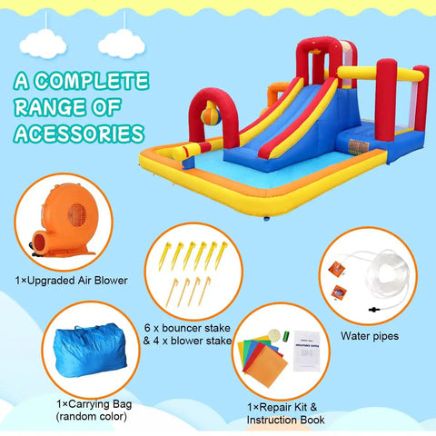 Inflatable Water Slide 10 In 1 Backyard Water Park With Bounce House and Splash Pool, including accessories like blower and stakes.