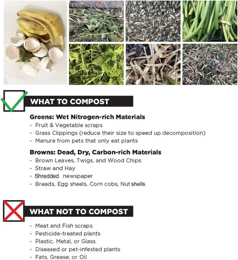Guide on what materials to compost including greens and browns, and what not to compost with images and bullet points.