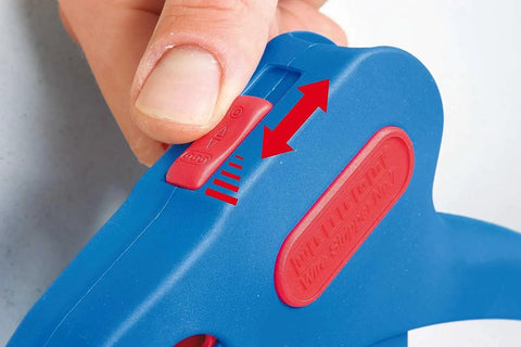 Adjusting the No 7 Magic Wire Stripper for auto cable stripping with fine adjustable setting, close-up view of mechanism.