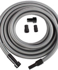 Hardcore Heavy Duty 30 Foot Shop Vac Hose With Crushproof Walls And Super Flexible Design For No Sweat Wet Dry Cleanup Including Plug And Play Power Tool Adapter Set Silver displayed with adapters.