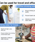 Office and travel water quality infographic with dispenser and child using outdoor faucet, emphasizing water safety and portability.