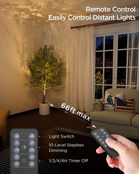 Rechargeable Wireless Indoor LED Spotlight Up Light Kit For Plants Trees Artwork And Portrait Display Battery Powered Accent Lighting For Home Decorators Homeowners And Art Collectors Two Pack lighting a room with remote control shown.