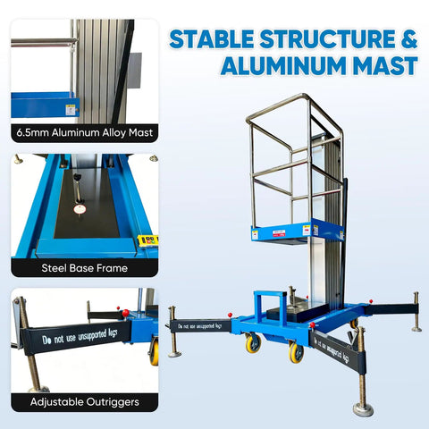 Slick Electric Hydraulic Single Mast Lift showcasing aluminum mast and steel base frame for stability.