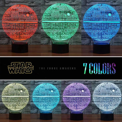 Lit 3 Pattern 16 Colors 3D Night Light Illusion Lamp with Death Star design in seven colors, acrylic plate, Star Wars themed gift.