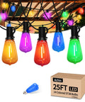 Close-up of multicolor outdoor string lights with shatterproof Edison bulbs displaying rainbow colors in a patio setting.