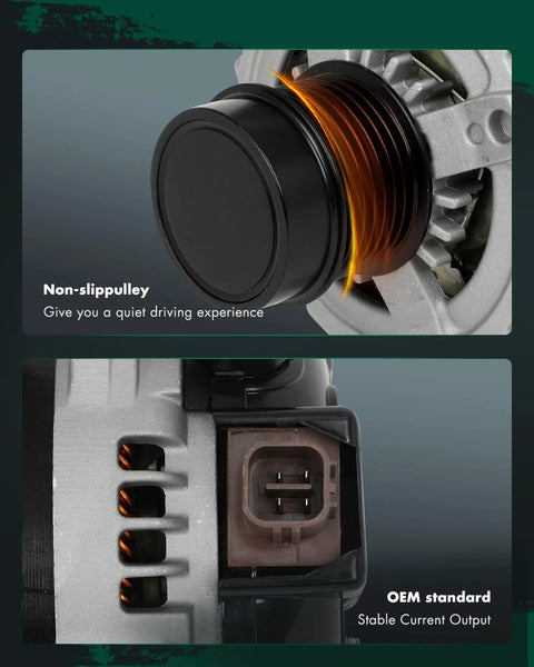 Close-up of Alternator For Toyota RAV4 2006 2007 2008 V6 Three Point Five Liter 12 Volt 130 Amp Clockwise Rotation With Seven Groove Clutch Pulley Replacement OE showing non-slip pulley and OEM connector.