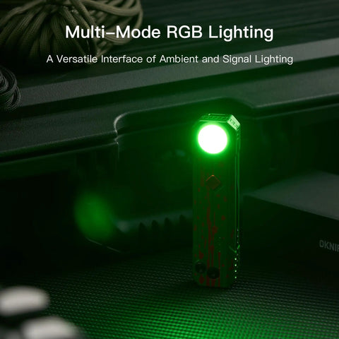 EDC Folding Pocket Knife With Rechargeable Flashlight 2 In 1 Button Lock D2 Steel Blade 400 Lumen White And RGB Light showing green mode