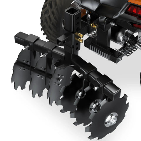 28-Inch Heavy-Duty Disc Plow Harrow With Universal 2-Inch Receiver attached to ATV, showcasing steel build for tough farm work.
