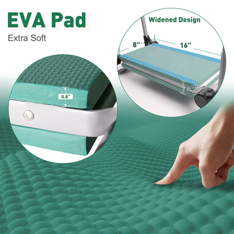 EVA foam pad and design details of 2 In 1 Garden Kneeler And Seat With Wide EVA Foam Kneeling Pad Detachable Tool Pouch.