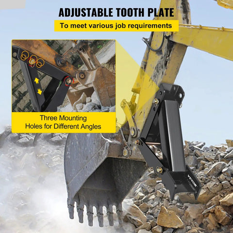 Heavy Duty Backhoe Thumb Attachment Weld On Adjustable Boom For Excavator And Tractor 18 Inch Tooth Plate Half Inch Thick 12mm Bolt On Design With 19 Inch Weld Plate For Perfect Fit showing adjustable mounting holes on excavator arm, handling rocks.