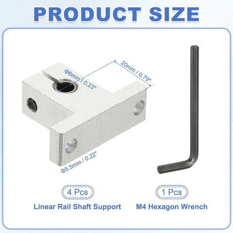 Aluminum 6mm ID Linear Rod Rail Mounting Bracket Set For Fast Smooth Motion In 3D Printers And Robotic Systems Shaft Supports Clamps And Guides Pack Of 4 showing 6mm shaft support and M4 hex wrench with size details.