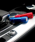 4 Pack Aluminum LED Flashlights Set With AAA Batteries Included And Pre Installed resting on car console, red and blue flashlights