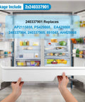 Hands holding 2 Pack Refrigerator Door Bin Shelves Replacement For Kenmore Frigidaire Durable Eco Friendly Fits AP2115858 PS429868 EA429868 240337904 240337905 891047 AH429868, in front of open fridge.