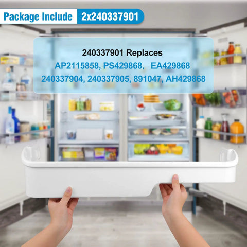 Hands holding 2 Pack Refrigerator Door Bin Shelves Replacement For Kenmore Frigidaire Durable Eco Friendly Fits AP2115858 PS429868 EA429868 240337904 240337905 891047 AH429868, in front of open fridge.