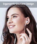 Woman wearing Two Pack USB C Earbuds With Mic And Remote For iPhone 15 16 17, Wired Noise Cancelling Headphones