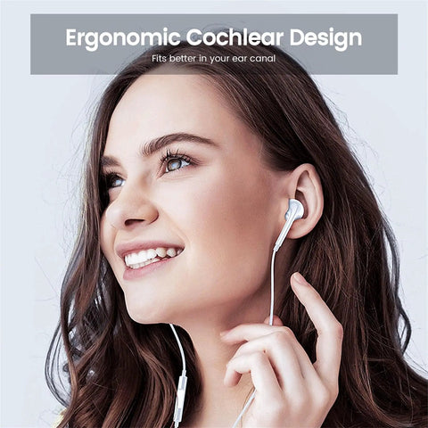 Woman wearing Two Pack USB C Earbuds With Mic And Remote For iPhone 15 16 17, Wired Noise Cancelling Headphones