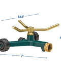 Three Arm Metal Lawn Sprinkler With Wheel Base For Garden Irrigation Full Circle Coverage Up To Fifty Feet Diameter Even Water Distribution Adjustable Gentle Stream Durable Yard Sprinkler For Lawn And Plants