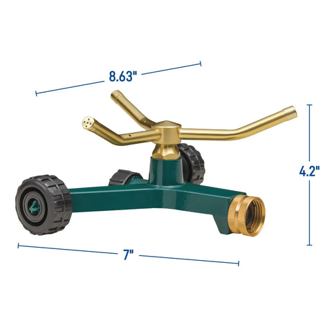 Three Arm Metal Lawn Sprinkler With Wheel Base For Garden Irrigation Full Circle Coverage Up To Fifty Feet Diameter Even Water Distribution Adjustable Gentle Stream Durable Yard Sprinkler For Lawn And Plants