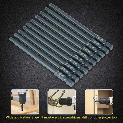 Get The Goods With These 10 Pieces Of 100mm T25 Security Screwdriver Bits Kit That Rock 1/4 Hex Shank Made From Tough S2 Steel Rust Proof And Totally Radial Torque Ready For Pro Drills And DIY Jobs. 10-piece T25 security screwdriver bits, 100mm S2 steel, blue oxide finish