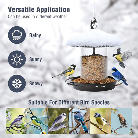 Metal Roof Bird Feeder with Chew Proof Build for Outdoor Hanging Use, showcasing versatility in different weather conditions.