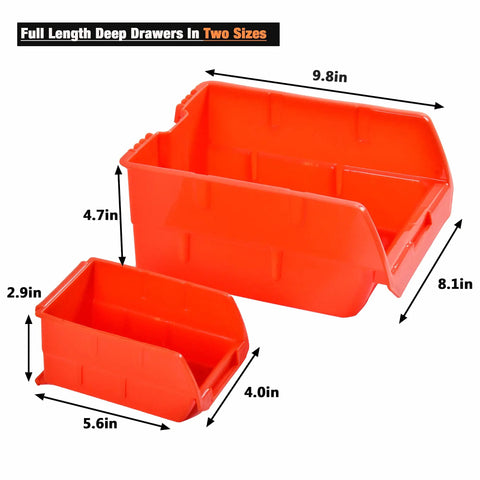 Dimensions of large and small bins for Wall Mounted Tool Organizer With Ten Bins And Three Rails, Space Saving Wall Storage Rack.