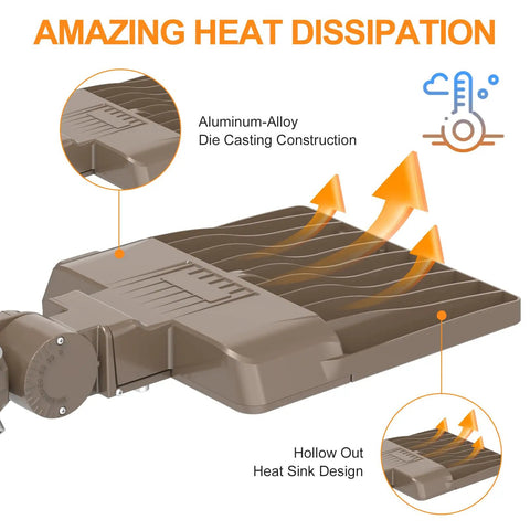 Triple-Setting LED Parking Lot Light heat dissipation feature, aluminum-alloy construction with hollow heat sink design.