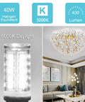 A G9 LED Bulbs 10 Pack 4W 40W Halogen Replacement Ceramic Base 120V 360 Degree Beam Not Dimmable Flicker Free Daylight 5000K bulb glowing, shown in a modern chandelier setting.