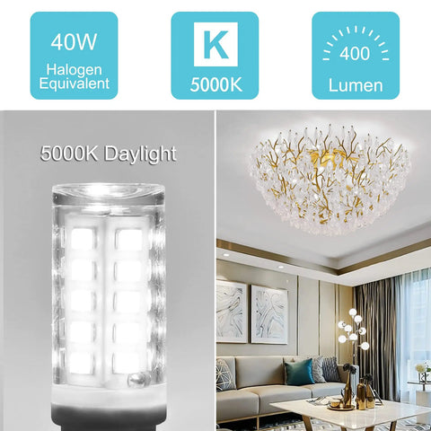 A G9 LED Bulbs 10 Pack 4W 40W Halogen Replacement Ceramic Base 120V 360 Degree Beam Not Dimmable Flicker Free Daylight 5000K bulb glowing, shown in a modern chandelier setting.