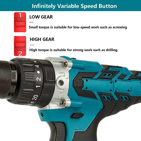 Close-up of Badass Brushless Cordless Drill And Heavy Duty Screwdriver Kit showing variable speed button and gear settings.
