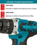 Deadly Accurate Brushless Cordless Drill And Hammer Driver With dual speed modes showcasing low and high gear settings.