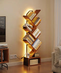 Tree Bookshelf With LED Lights, 6-Tier Narrow Bookcase For Small Spaces, Tall Steel And Wood Storage Shelf With Cabinet