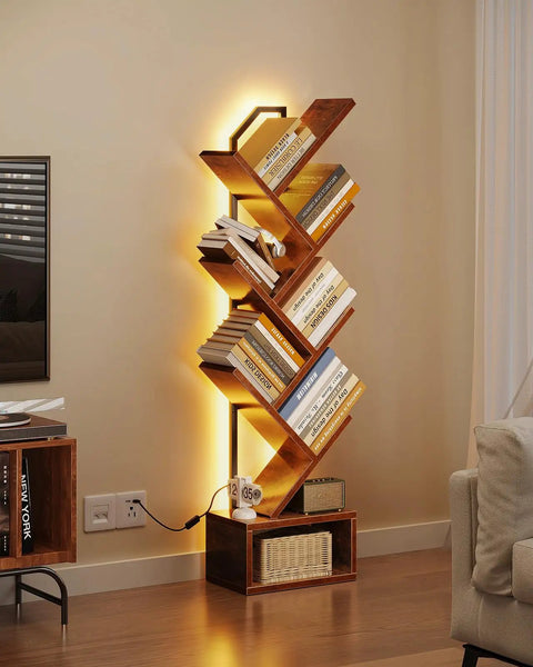 Tree Bookshelf With LED Lights, 6-Tier Narrow Bookcase For Small Spaces, Tall Steel And Wood Storage Shelf With Cabinet
