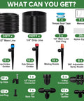 No-Fuss Drip Irrigation System parts including tubing, emitters, connectors, and nozzles displayed with labels and quantities