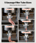 Manual Sausage Stuffer 11 Lbs Vertical Meat Filler With 5 Stuffing Tubes, showing various tube sizes for efficient sausage making.