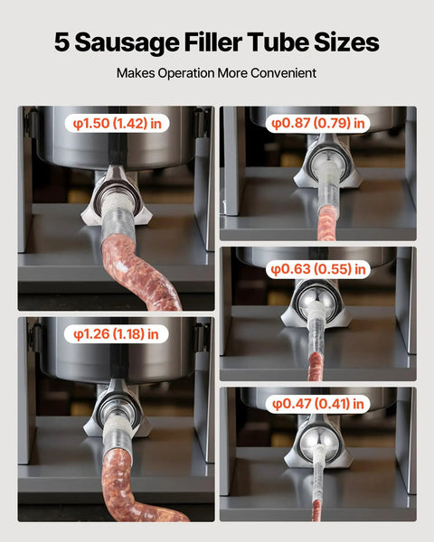 Manual Sausage Stuffer 11 Lbs Vertical Meat Filler With 5 Stuffing Tubes, showing various tube sizes for efficient sausage making.